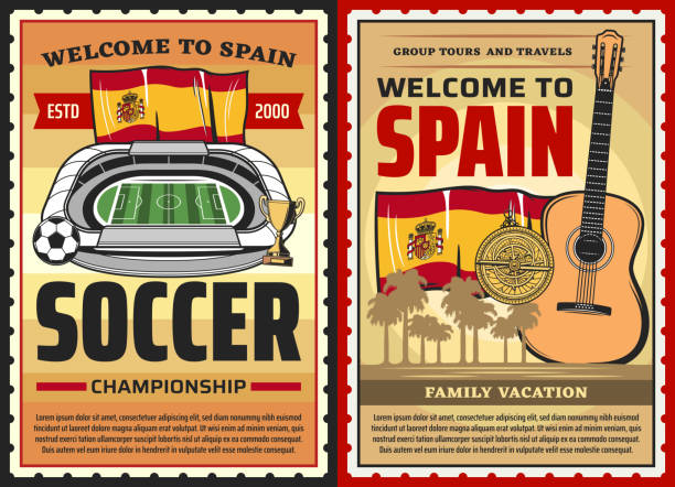 hiszpania plakaty podróży, kultura hiszpańska, zabytki - barcelona sevilla stock illustrations