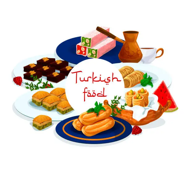 Vector illustration of Turkish food pastry dessert baklava, delight lokum