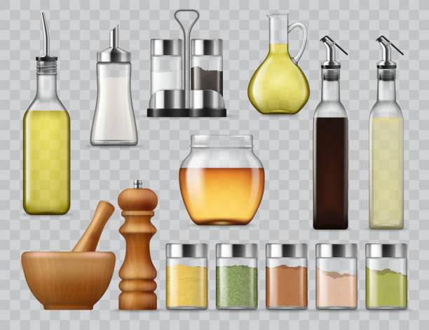 ilustrações de stock, clip art, desenhos animados e ícones de salt and pepper shakers, kitchen spices dispensers - mortar and pestle condiment isolated food