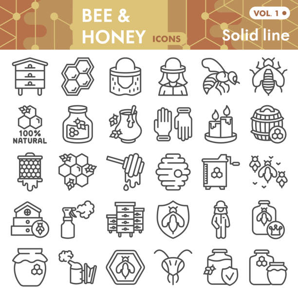 ilustraciones, imágenes clip art, dibujos animados e iconos de stock de conjunto de iconos de línea de abeja y miel, colección de símbolos de apicultura o bocetos. señales de estilo lineal de abejas para web y aplicación. - spoon honey cute jar