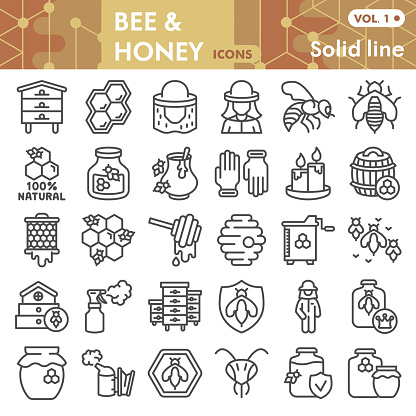 Bee and honey line icon set, beekeeping symbols collection or sketches. Bee linear style signs for web and app. Vector graphics isolated on white background