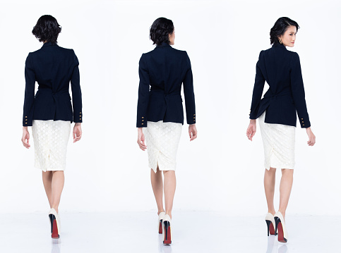 Collage Group Full Length Portrait of 40s Asian Woman black hair blue suit and high heel shoes. Female walk back turn side many looks over white Background isolated