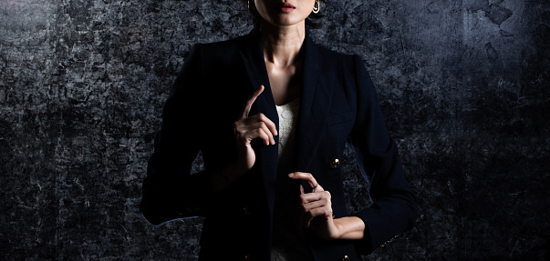 Collage Group half body Portrait of 40s Boss Asian Woman short black hair blue suit Cosmetic Make up. Female poses view many looks over Dark Loft Background copy space