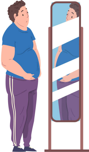 ilustrações de stock, clip art, desenhos animados e ícones de fat young man looking at his reflection in the mirror, young overweight man getting fit cartoon vector illustration on white background - mirror reflection men individuality