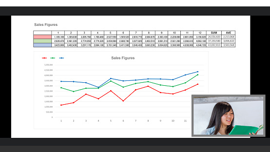 Image for paste to your screen. Screen of a video conference. Japanese businesswoman talking about graphs on spreadsheet program.