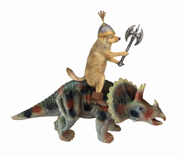 istock Dog with axe riding triceratops 1253794694