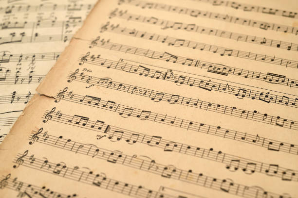 istock Fragment of old sheets with music notes 1253795630