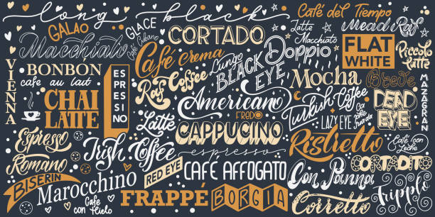 ilustraciones, imágenes clip art, dibujos animados e iconos de stock de letras de café. diseño para impresión y póster - bannerfishes