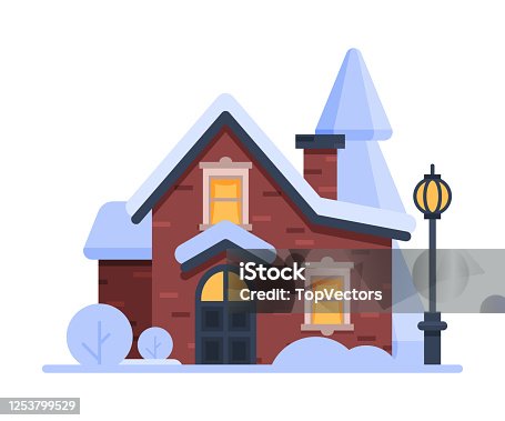 istock Snowy Suburban House, Cute Rural Winter Cottage with Vintage Streetlamp Vector Illustration 1253799529