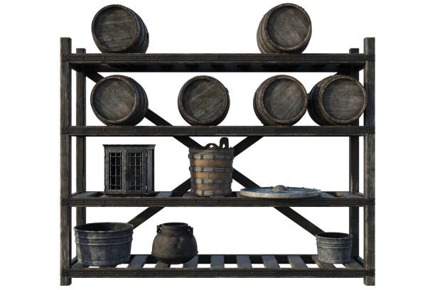 Old wooden shelving with wine barrels isolated on white, 3d render.
