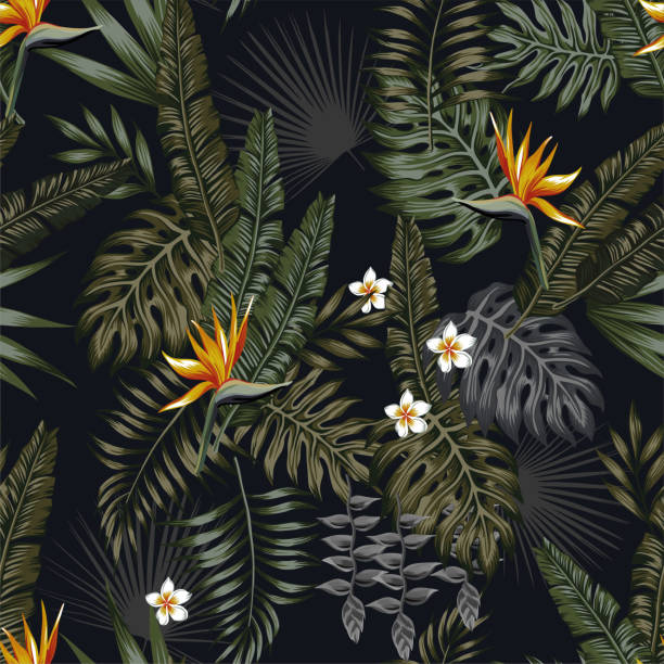 tropical night seamless pattern black background Tropical leaves and flowers in the night style for men's prints. Seamless vector jungle wallpaper pattern black background tropical tree stock illustrations