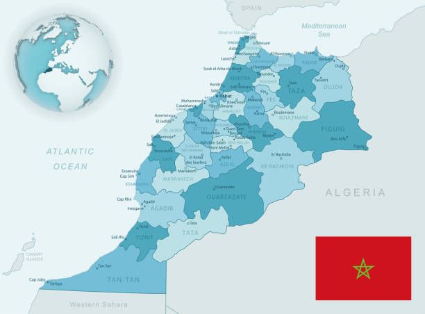 Blue-green detailed map of Morocco administrative divisions with country flag and location on the globe. Blue-green detailed map of Morocco administrative divisions with country flag and location on the globe. Vector illustration western sahara stock illustrations