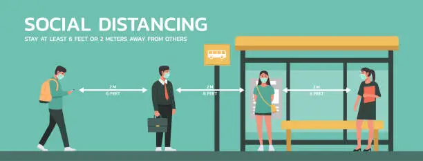Vector illustration of people maintain social distancing to prevent virus spreading and transmission at bus stop