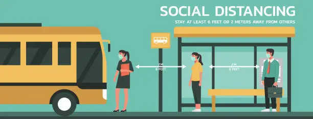 Vector illustration of man and woman keep distance from others at bus stop
