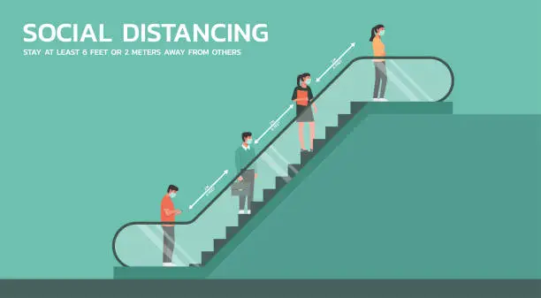 Vector illustration of people using escalator and maintain social distancing