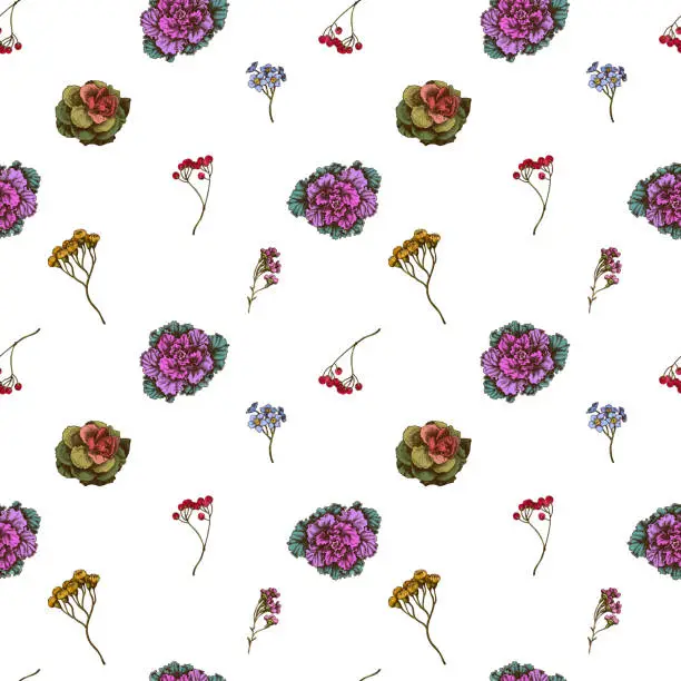 Vector illustration of Seamless pattern with hand drawn colored wax flower, forget me not flower, tansy, ardisia, brassica, decorative cabbage