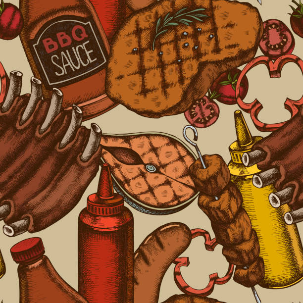 бесшовный узор с нарисованными вручную цветными свиными ребрышками, шашлыком, сосисками, стейком, бутылками соуса, котлетами на гриле, поми - cooked fried backgrounds preparation stock illustrations