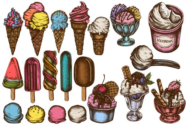 Vector set of hand drawn colored  ice cream bowls, ice cream bucket, popsicle ice cream, ice cream cones, ice cream scoop, ice cream balls Vector set of hand drawn colored  ice cream bowls, ice cream bucket, popsicle ice cream, ice cream cones, ice cream scoop, ice cream balls stock illustration chocolate clipart stock illustrations