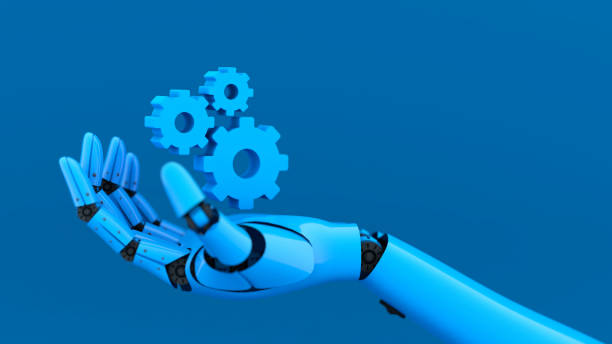 istock Blue robot hand and cogwheel, A.I. machine system for business in the future, 3D rendering 1253806309
