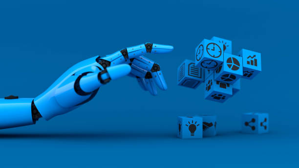 istock Blue robot hand manage business icon, A.I. and machine technology assistant for industrial 1253806317