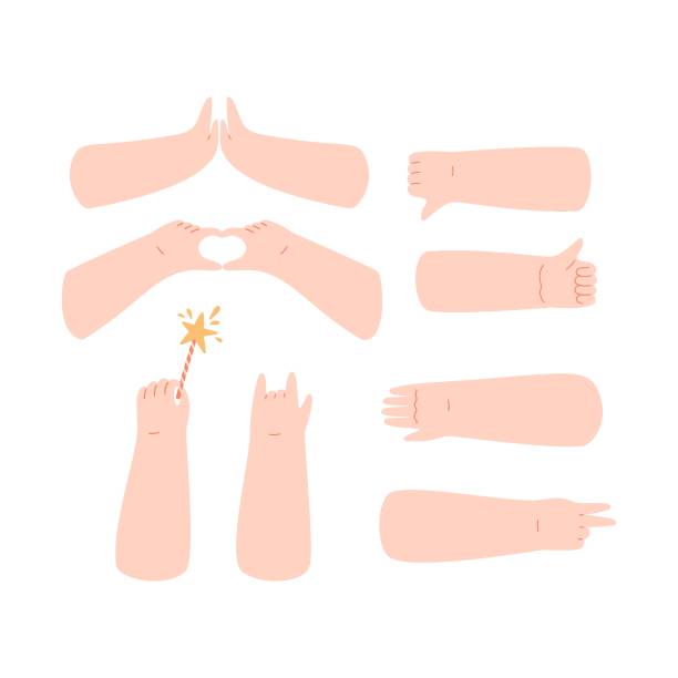 zestaw różnych gestów izolowanych na biało. jak, niechęć, wysoka piątka, ręka trzymając kij, palma, pokój, znak rogów. - hand sign peace sign palm human hand stock illustrations