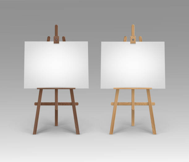 istock Vector Set of Wooden Brown Sienna Easels with Mock Up Empty Blank Horizontal Canvases on Background 1253807022