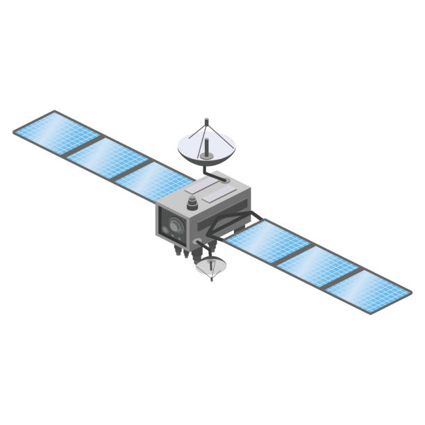 illustrazioni stock, clip art, cartoni animati e icone di tendenza di tecnologia wireless di comunicazione artificiale satellitare gps . veicolo spaziale con pannelli solari. illustrazione vettoriale isolata - satellite global positioning system surveillance satellite dish