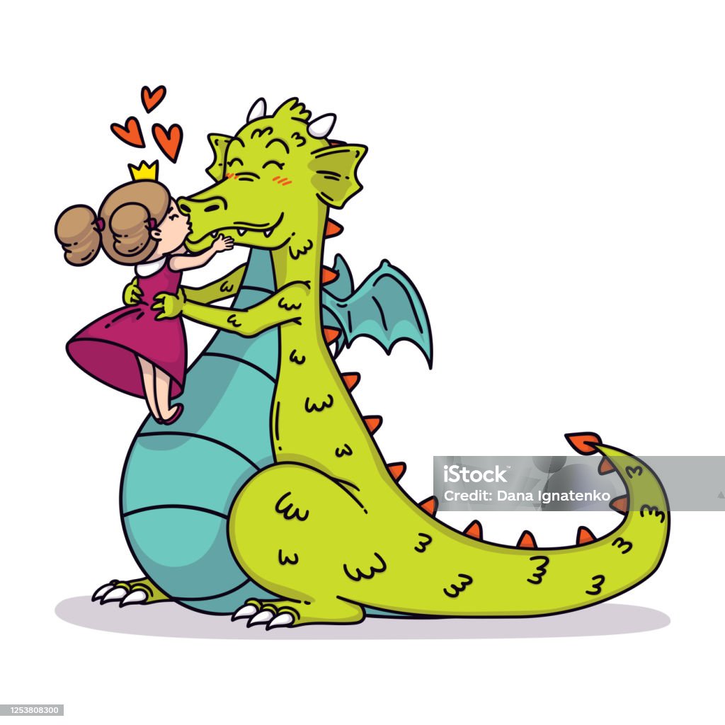 La piccola principessa bacia un drago nel naso. Illustrazione per bambini fiabesco. Buona carta di San Valentino. - arte vettoriale royalty-free di Abbracciare una persona