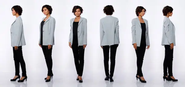 Collage Group Full length Figure snap of 20s Asian Woman black short curl hair gray suit jacket pant and shoes. Office girl stands turns 360 around rear side back view over white Background isolated