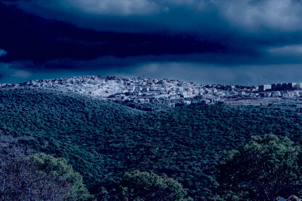 Galilee mountains arab settlement in Israel at night. Panorama of Galilee- the Northern District of Israel