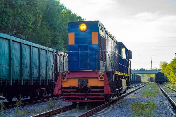 istock Locomotive amid the composition of standing at an intermediate station in the forest 1253812607