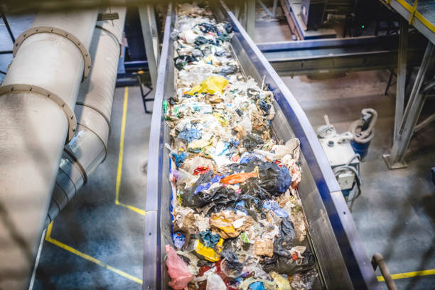 istock Conveyor Belt Filled with Recyclables in Waste Facility 1253813498