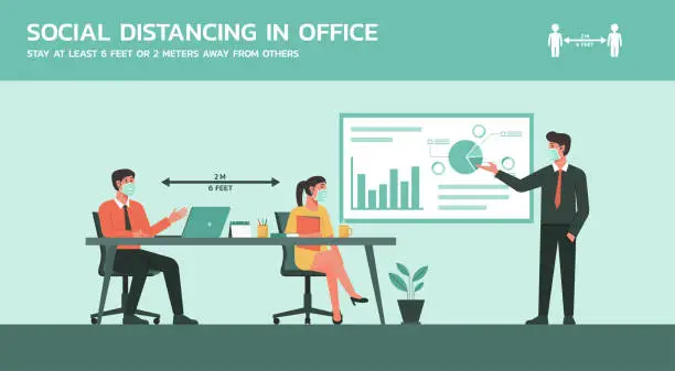 Vector illustration of people working together in business office wearing mask and keeping social distancing