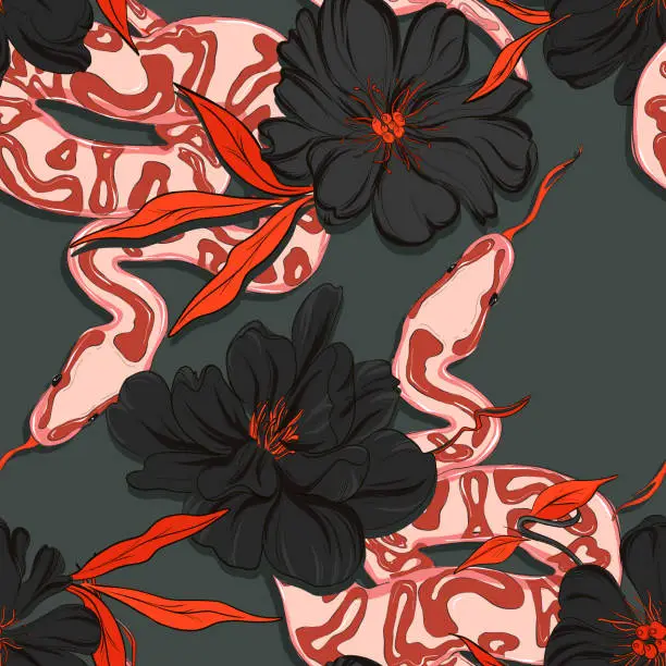 Vector illustration of Dangerous garden snake pattern, reptile and peony floral wallaper, wildlife macro seamless background. Red black contrst graphic floral decoration in vector