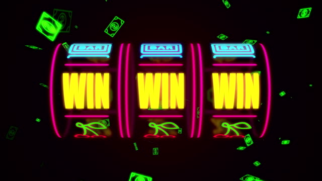 neon casino slot machine spinning, money flying after win combination