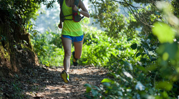 istock Woman ultra marathon runner running on forest trail 1253815290