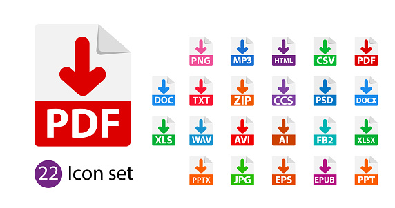 Collection of vector icons. Sign Download. File format extensions icons. PDF, MP3, TXT, DOC, DOCx, ZIP, PPTx, XLSx, JPG, PSD, fb2, AVI.