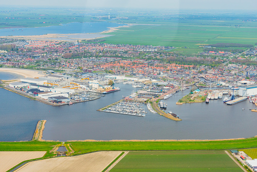 Aerial view on the town of Lemmer located on the shore of the IJsselmeer in Friesland, The Netherlands