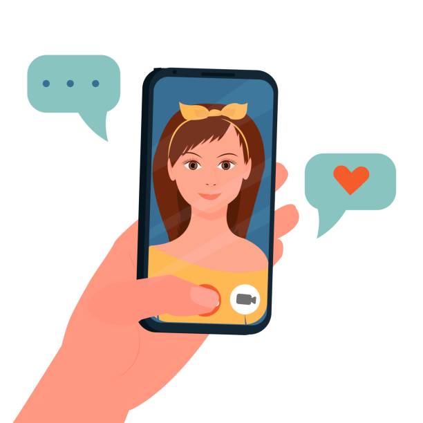 istock Hand holding mobile phone, video call, conversation. Face of girl on screen isolated on white background stock vector illustration. Social relations on distance concept. 1253816301