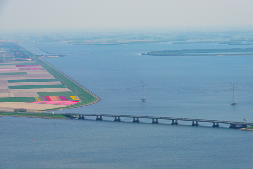 Aerial view on the Ketelbrug connecting the East of Flevoland to the Noordoostpolder over the Ketelmeer and IJsselmeer in The Netherlands.
