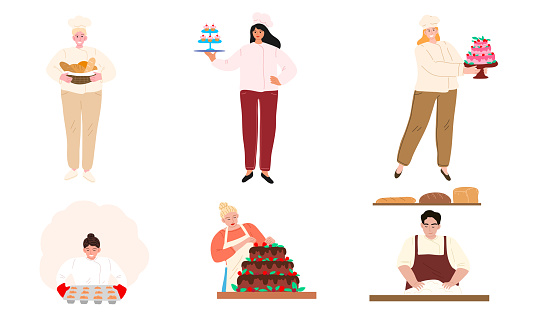 Set of hand drawn professional bakers in uniforms holding fresh bread and decorating cakes over white background vector illustration. Baking process concept