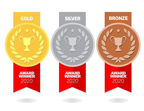 Vector of Gold, silver and bronze winner award medals with red color ribbon on white background. EPS ai 10 file format.