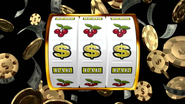 Casino slots machine with winning combination of dollar sign, jackpot in gamble. Dollar currency and golden chips flying around after win on black background