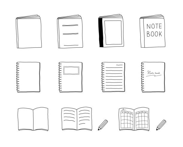 ilustraciones, imágenes clip art, dibujos animados e iconos de stock de conjunto de ilustraciones dibujadas a mano del cuaderno - clipboard note pad pen paper