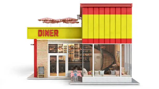 Photo of Small bright diner in red and yellow tones on a white background, 3d illustration