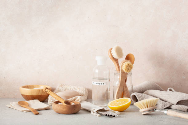 istock zero waste eco friendly cleaning concept. wooden brushes, lemon, baking soda, vinegar 1253821234