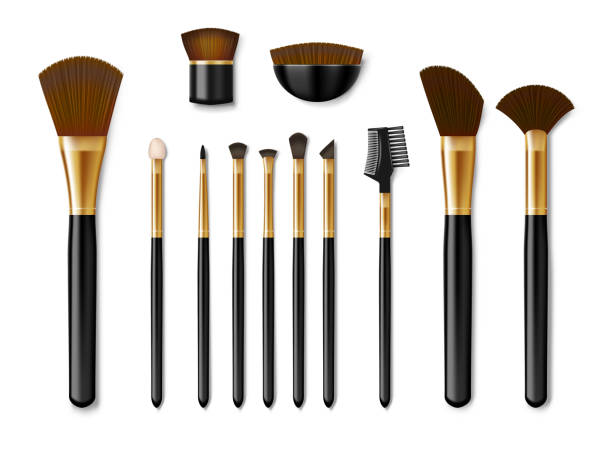 istock Set of Professional golden make up brushes isolated. Realistic cosmetic Powder Blush, Eye Shadow, Brush, eye shadow, foundation. Vector illustration 1253822082