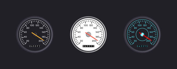 Set of three vector isolated speedometers for dashboard. Circular gauge with arrow or pointer for vehicle panel, Device for measuring speed and automotive speedometer, web download speed sign Set of three vector isolated speedometers for dashboard. Circular gauge with arrow or pointer for vehicle panel, Device for measuring speed and automotive speedometer, web download speed sign. vintage speedometer stock illustrations