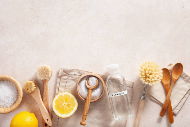 istock zero waste eco friendly cleaning concept. wooden brushes, lemon, baking soda, vinegar 1253822125