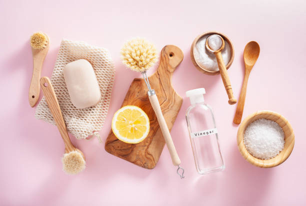 istock zero waste eco friendly cleaning concept. wooden brushes, lemon, baking soda, vinegar 1253822135